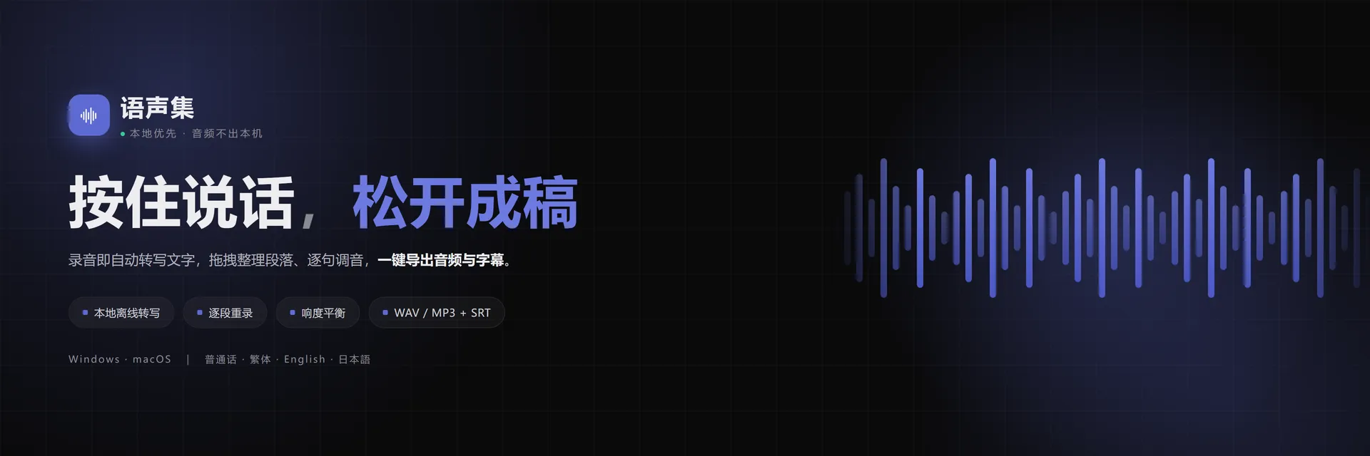 语声集品牌横幅：按住说话，松开成稿